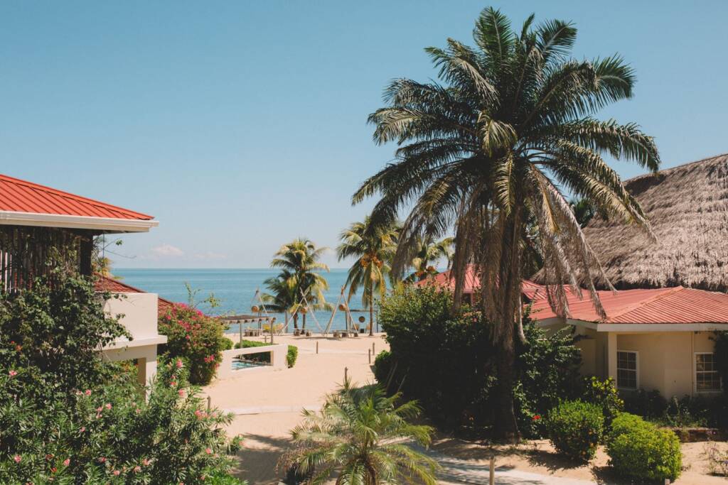 Beach and ocean view looking out from a guest room at Jaguar Reef Lodge in Hopkins, Belize.