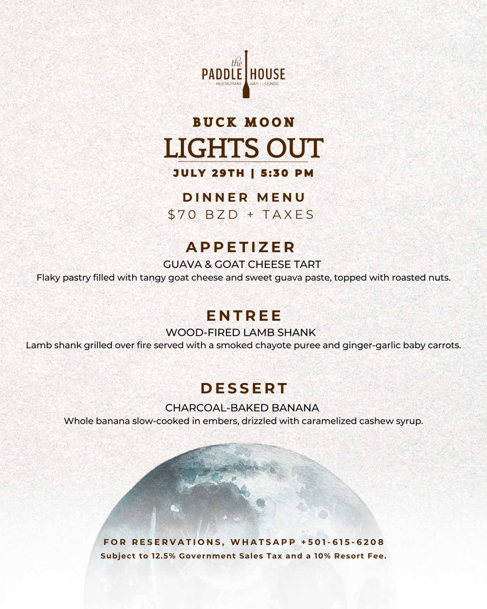 July 26,2026 Lights out menu at paddle house Jaguar reef